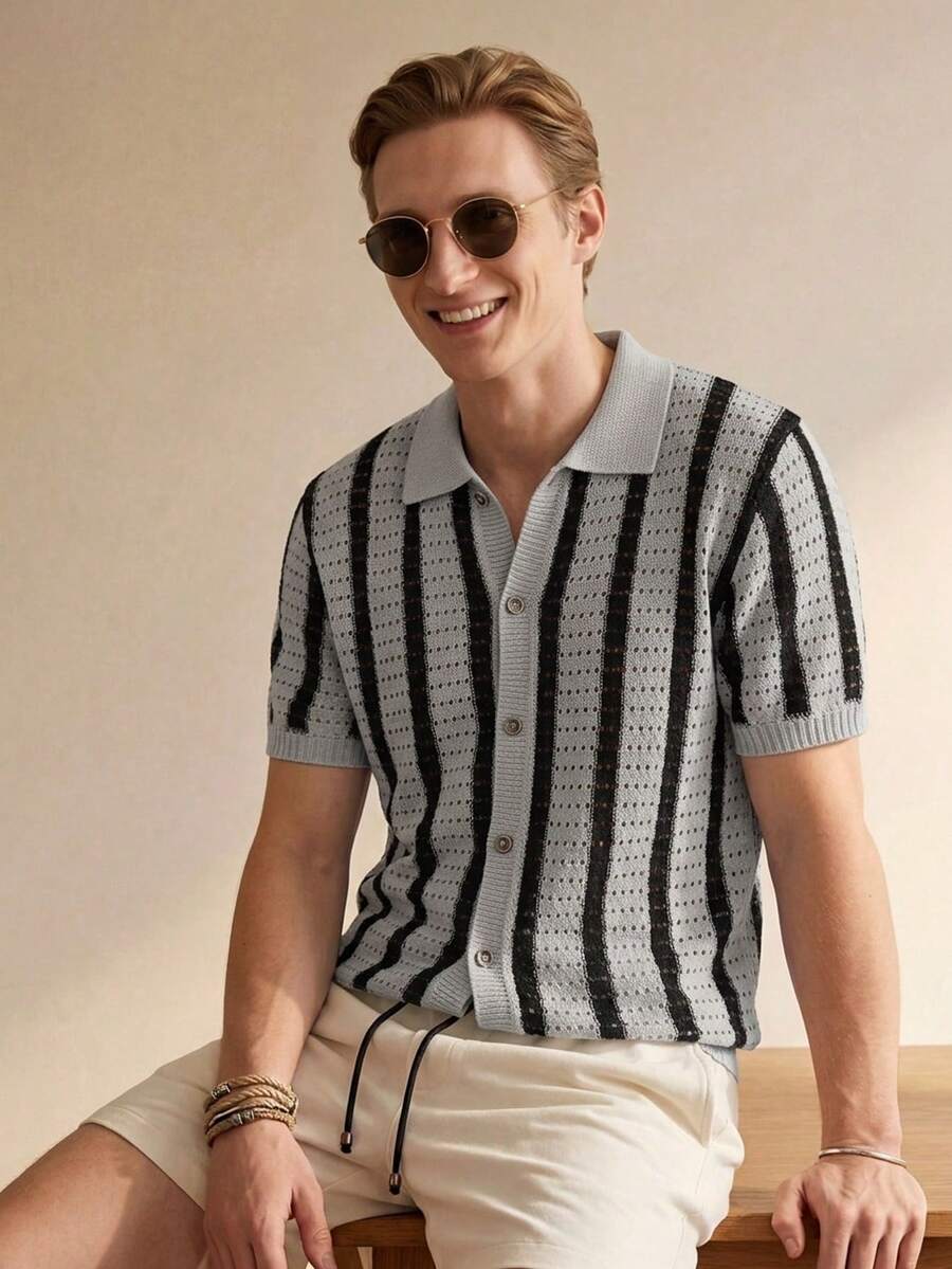 Mens Short Sleeve Crochet Knit Shirt Stripe Button Front – Drenval