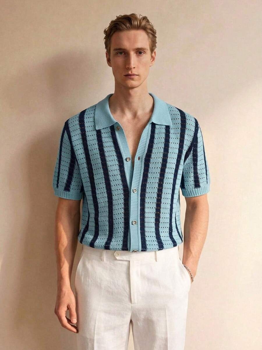 Mens Short Sleeve Crochet Knit Shirt Stripe Button Front – Drenval