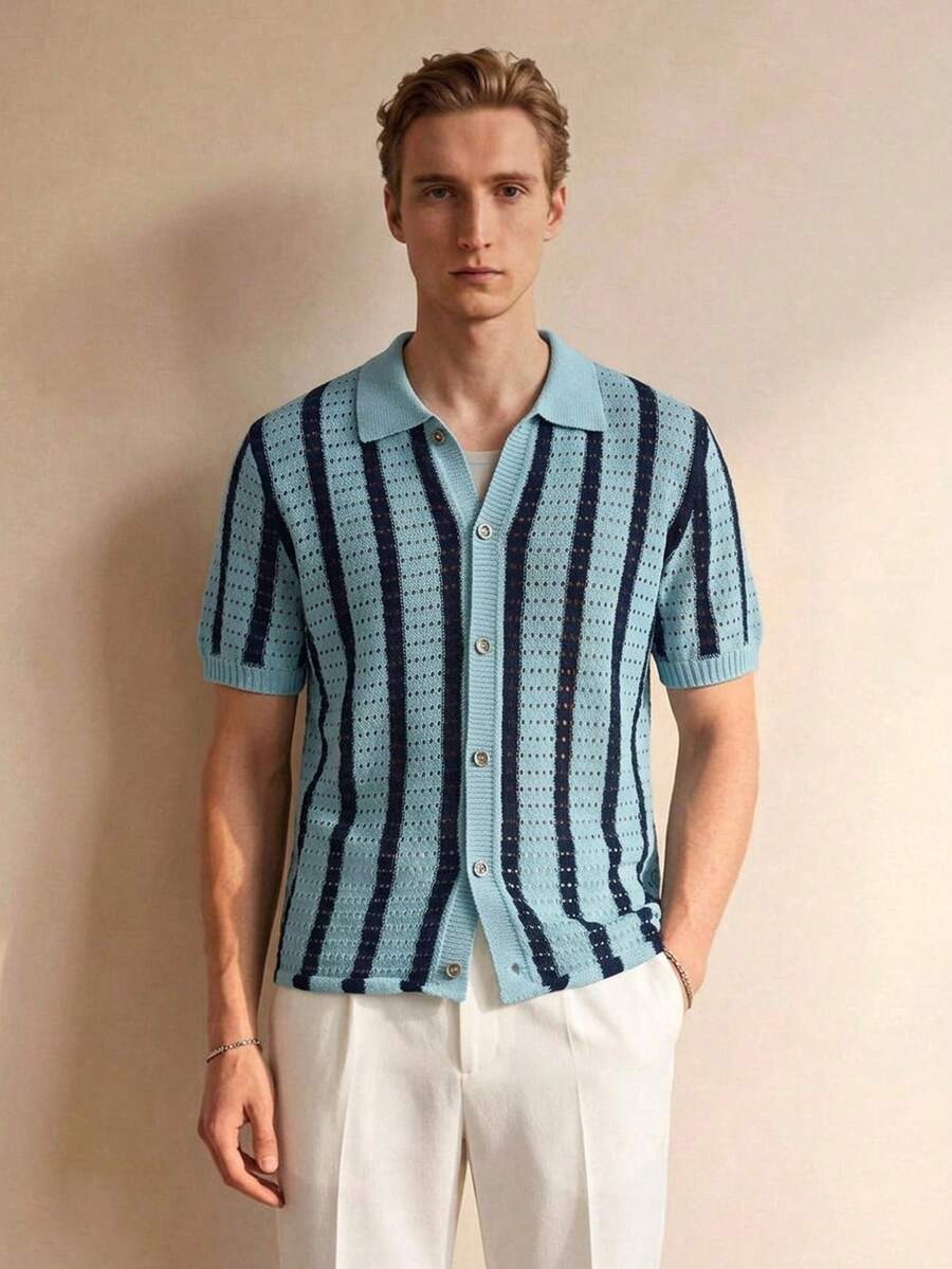 Mens Short Sleeve Crochet Knit Shirt Stripe Button Front – Drenval