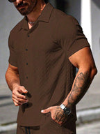 Mens Short Sleeve Shirt Solid Color Single-Breasted Casual – Vanto