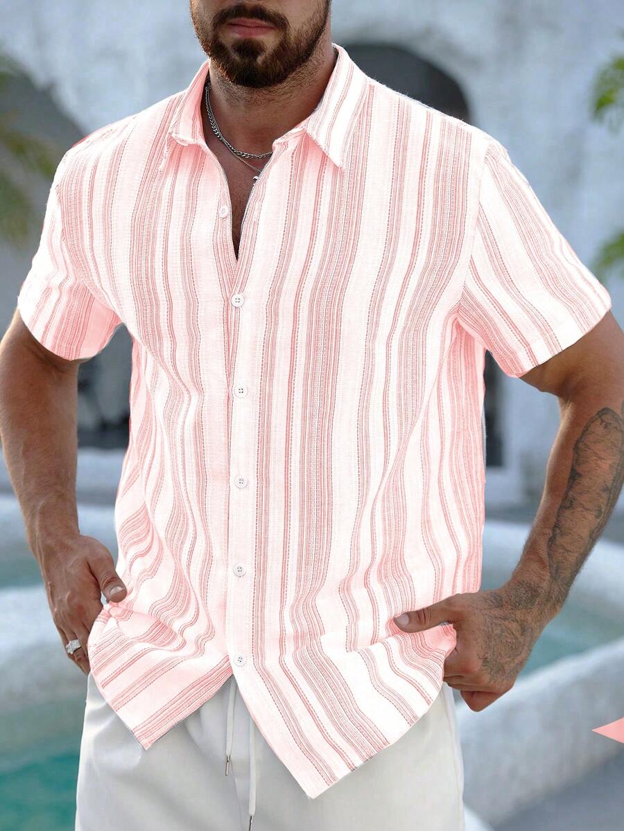 Mens Short Sleeve Button-Down Shirt Polyester Blend Regular Fit – Faldon