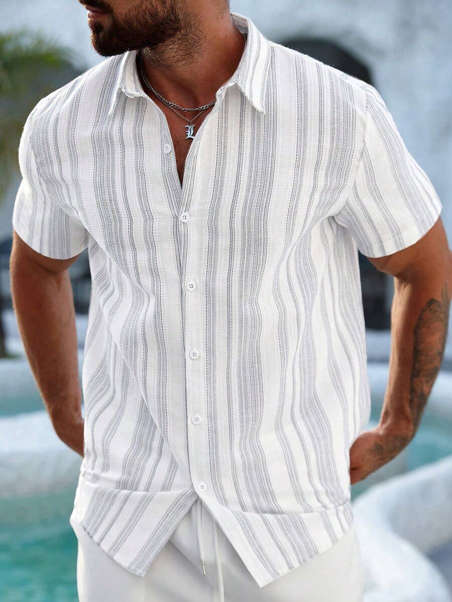 Mens Short Sleeve Button-Down Shirt Polyester Blend Regular Fit – Faldon