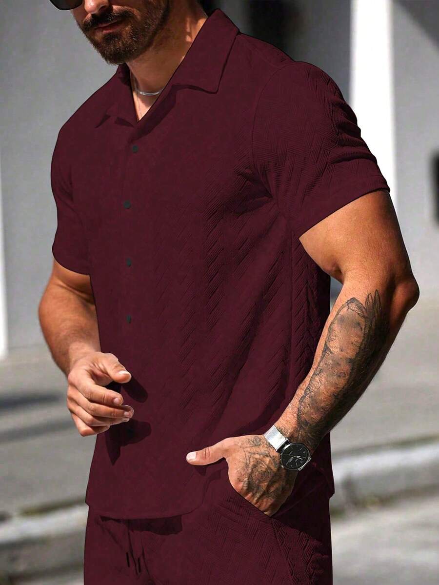 Mens Short Sleeve Shirt Solid Color Single-Breasted Casual – Vanto