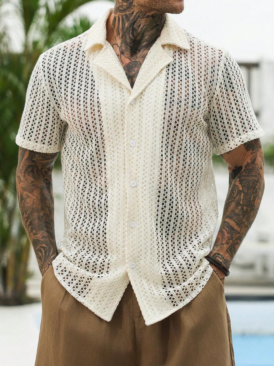 Mens Short Sleeve Crochet Knit Shirt Open Weave Casual Summer
