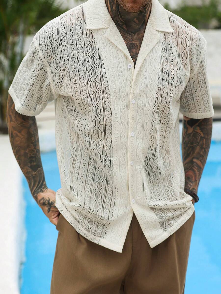 Mens Short Sleeve Crochet Shirt Jacquard Stripe Loose Fit – Darco