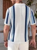 Mens Short Sleeve Crochet Knit Shirt Stripe Button Front – Drenval
