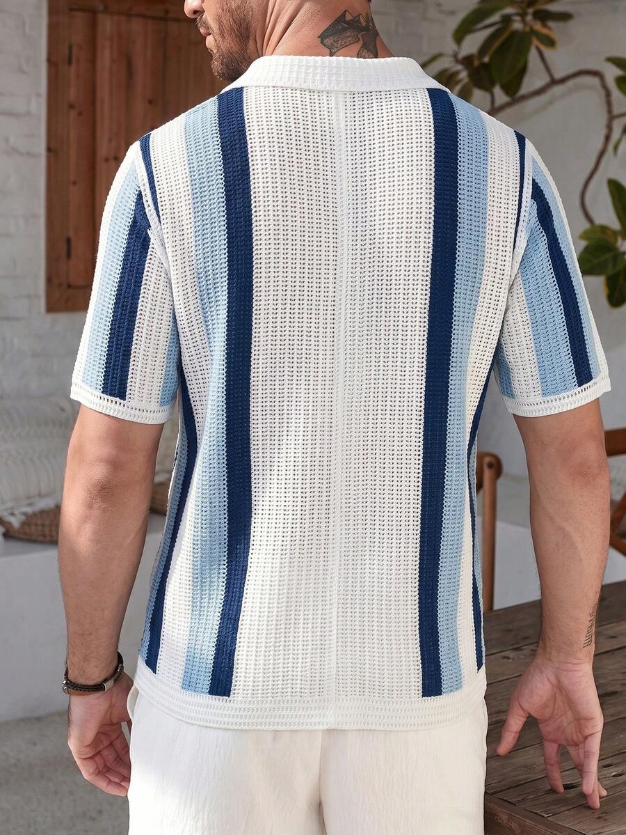 Mens Short Sleeve Crochet Knit Shirt Stripe Button Front – Drenval