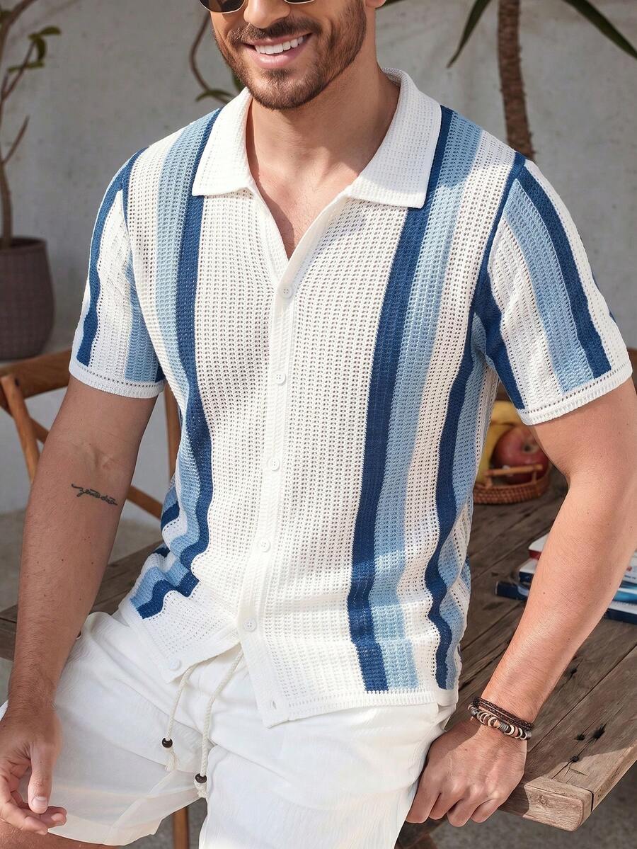 Mens Short Sleeve Crochet Knit Shirt Stripe Button Front – Drenval