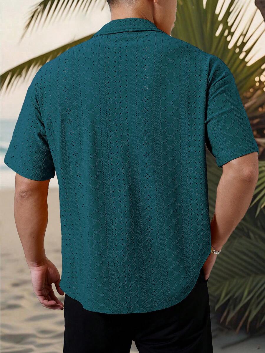 Mens Short Sleeve Crochet Shirt Jacquard Stripe Loose Fit – Darco