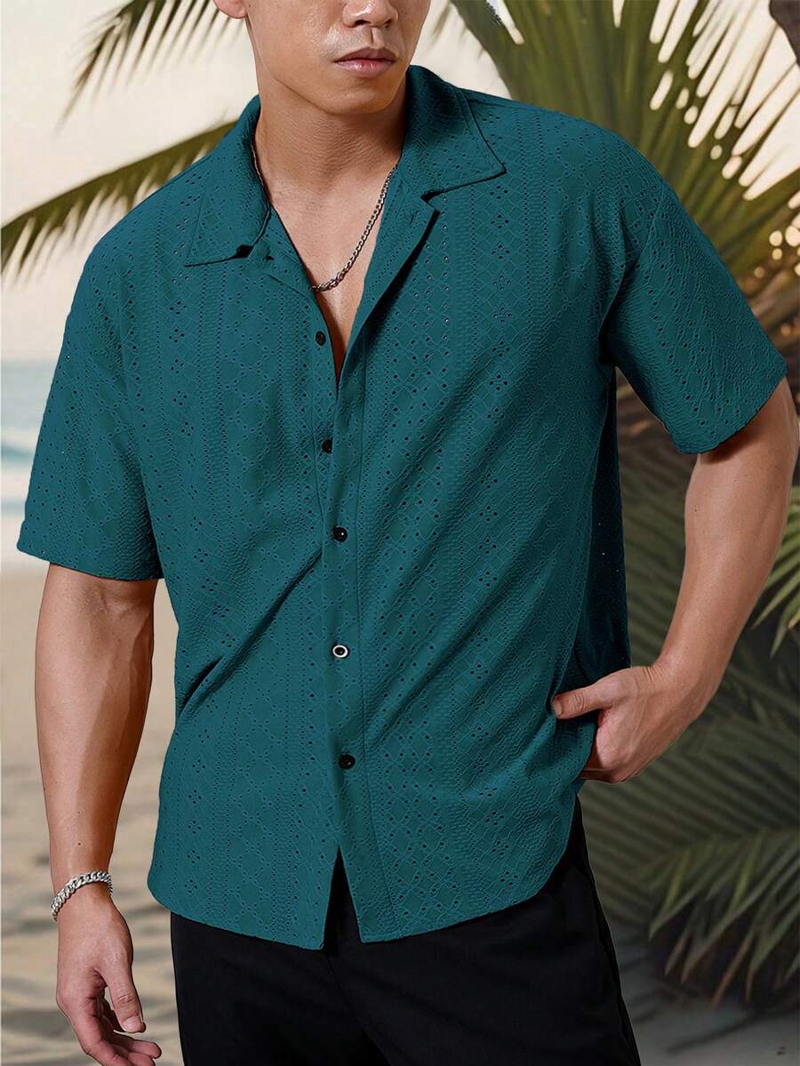 Mens Short Sleeve Crochet Shirt Jacquard Stripe Loose Fit – Darco