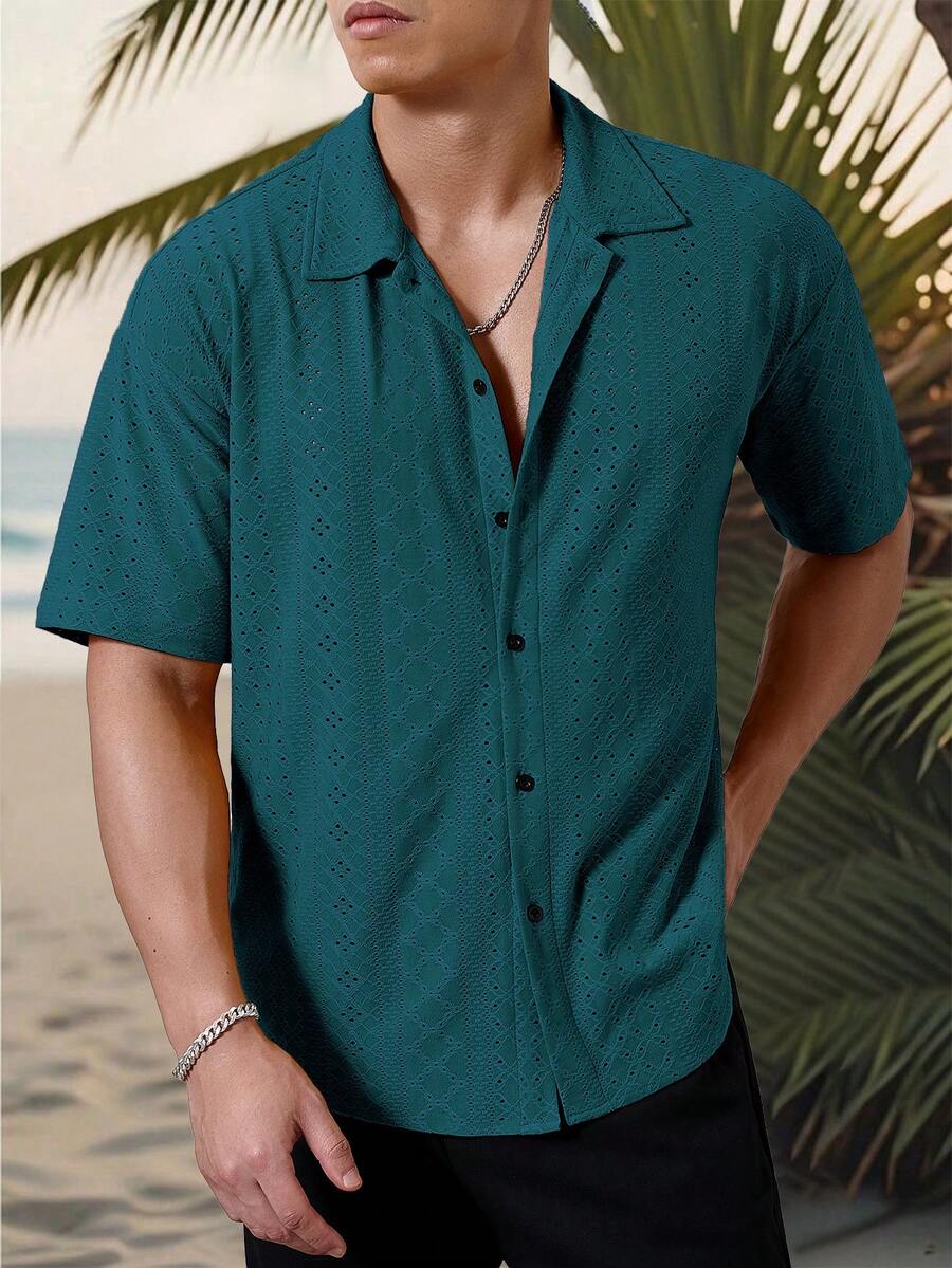 Mens Short Sleeve Crochet Shirt Jacquard Stripe Loose Fit – Darco