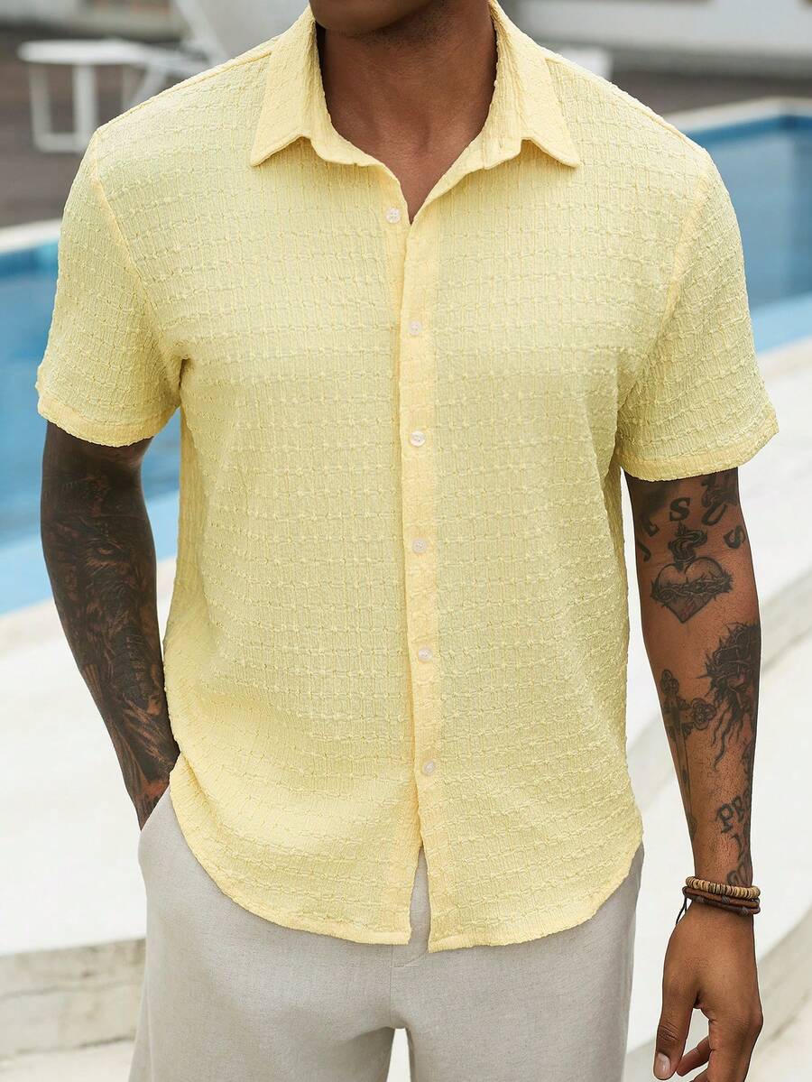 Mens Short Sleeve Crochet Knit Shirt Open Weave Casual Summer
