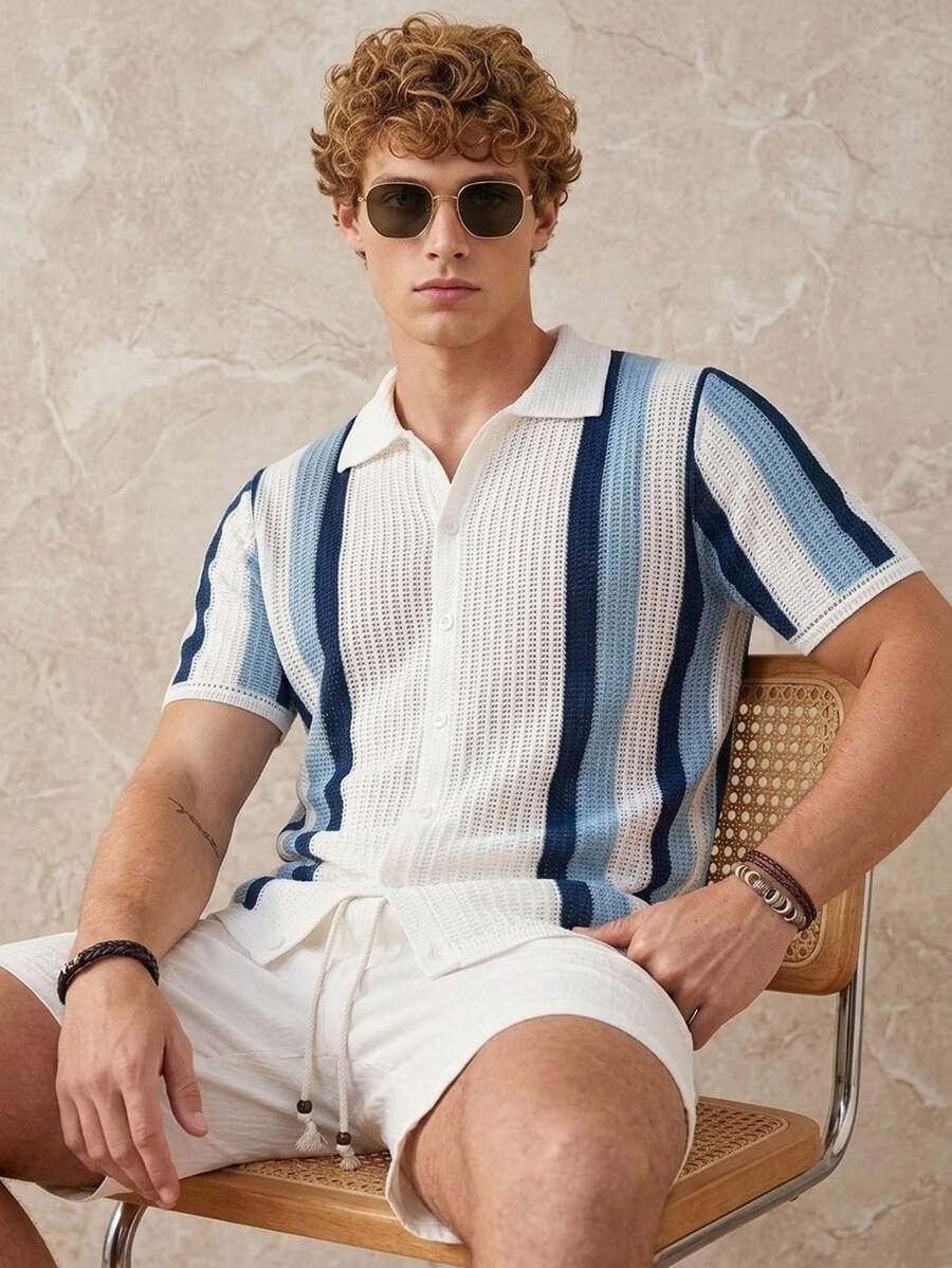 Mens Short Sleeve Crochet Knit Shirt Stripe Button Front – Drenval