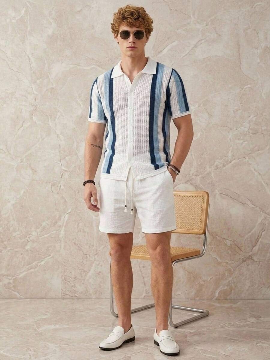 Mens Short Sleeve Crochet Knit Shirt Stripe Button Front – Drenval