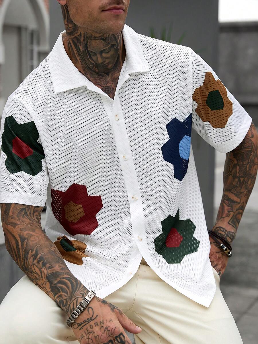 Mens Short Sleeve Crochet Knit Shirt Open Weave Casual Summer