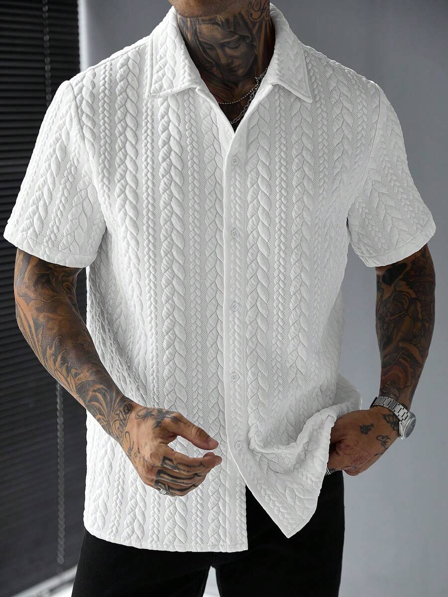 Mens Short Sleeve Crochet Knit Shirt Open Weave Casual Summer