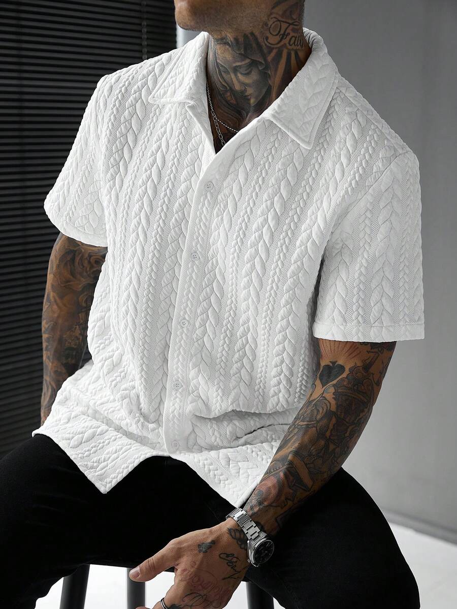 Mens Short Sleeve Crochet Knit Shirt Open Weave Casual Summer