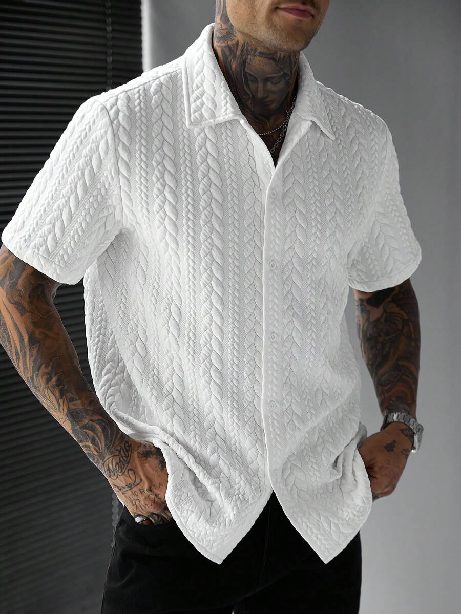 Mens Short Sleeve Crochet Knit Shirt Open Weave Casual Summer