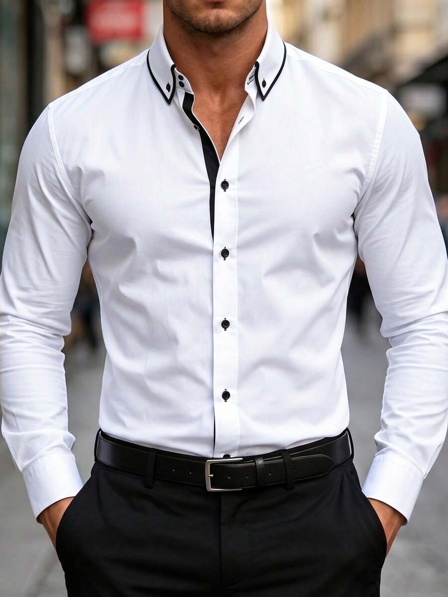 Shirt Shop Stand Collar Button-Up Long Sleeve Polyester Stretch – Marvo