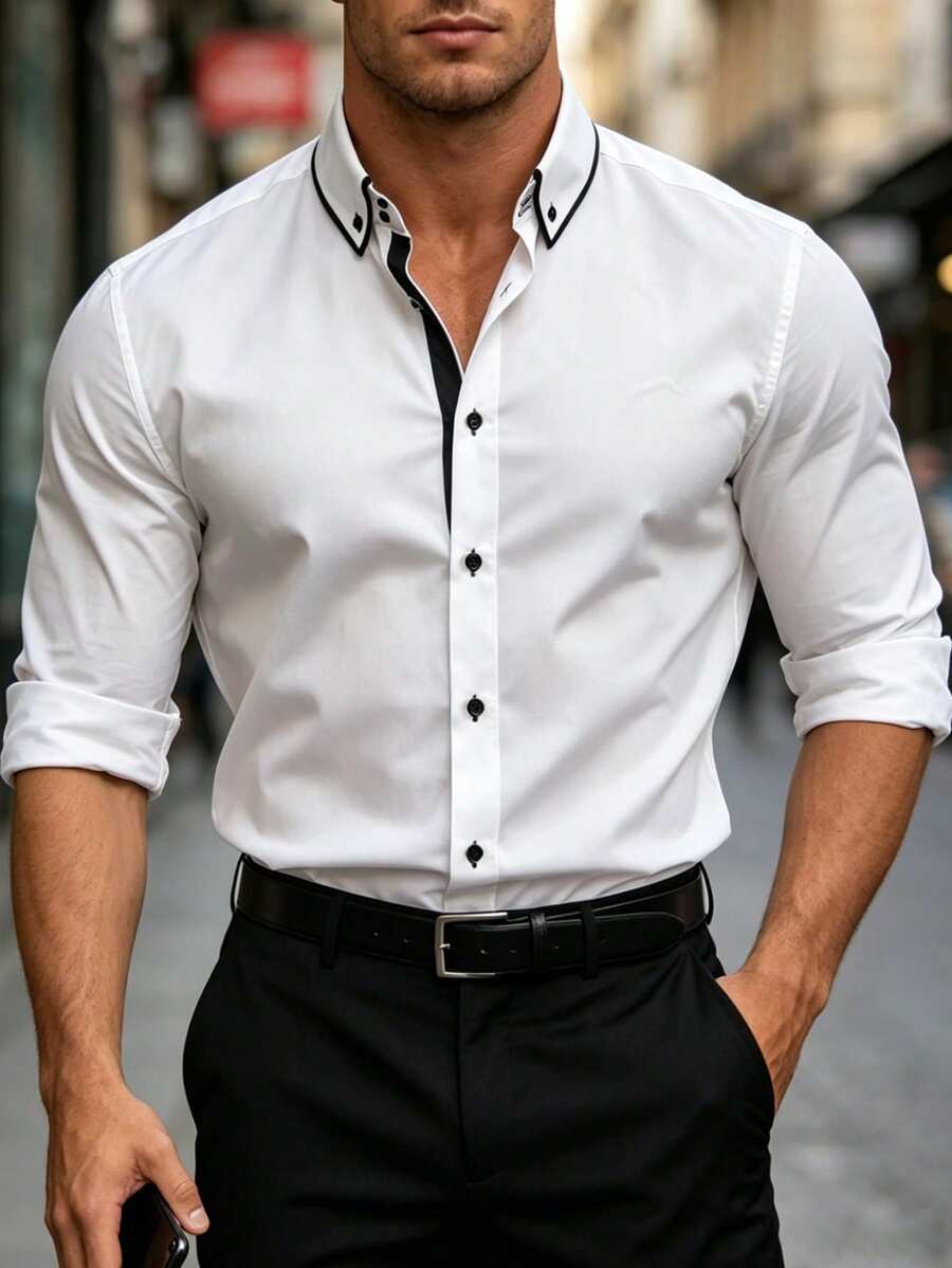 Shirt Shop Stand Collar Button-Up Long Sleeve Polyester Stretch – Marvo