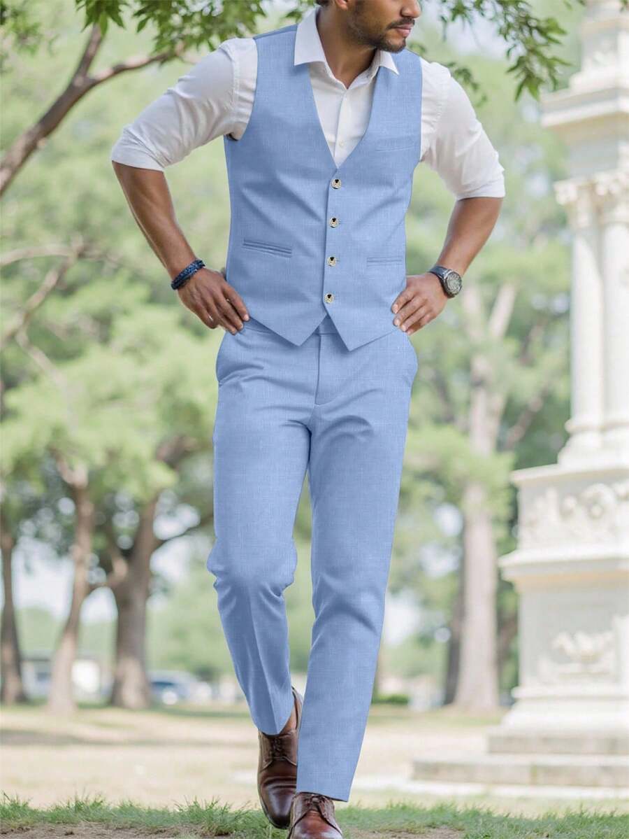 Mens Pant and Vest Set Woven Polyester V-Neck Sleeveless 2-Piece Formal – Galso