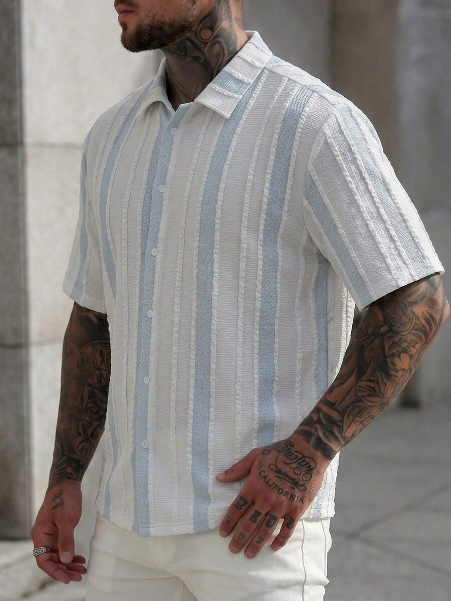 Mens Short Sleeve Crochet Knit Shirt Open Weave Casual Summer