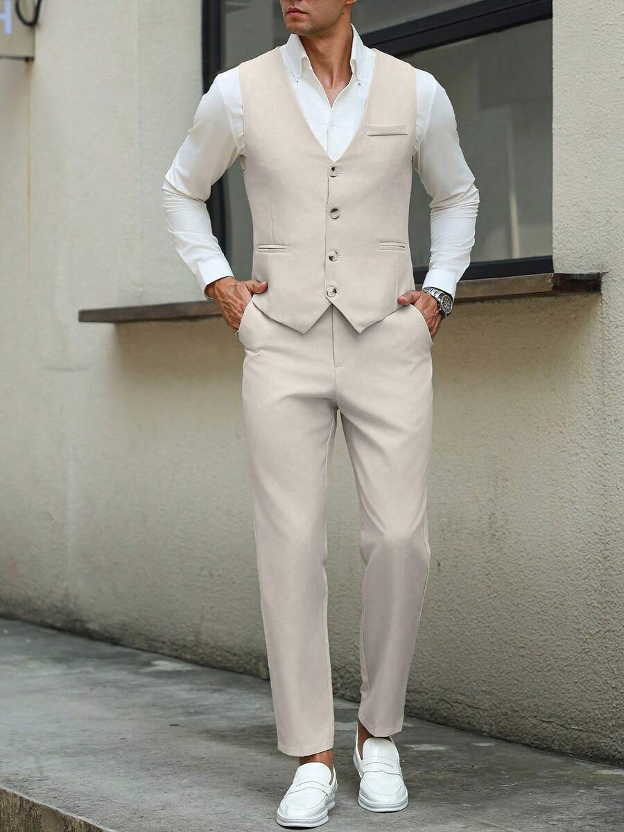 Mens Pant and Vest Set Woven Polyester V-Neck Sleeveless 2-Piece Formal – Galso