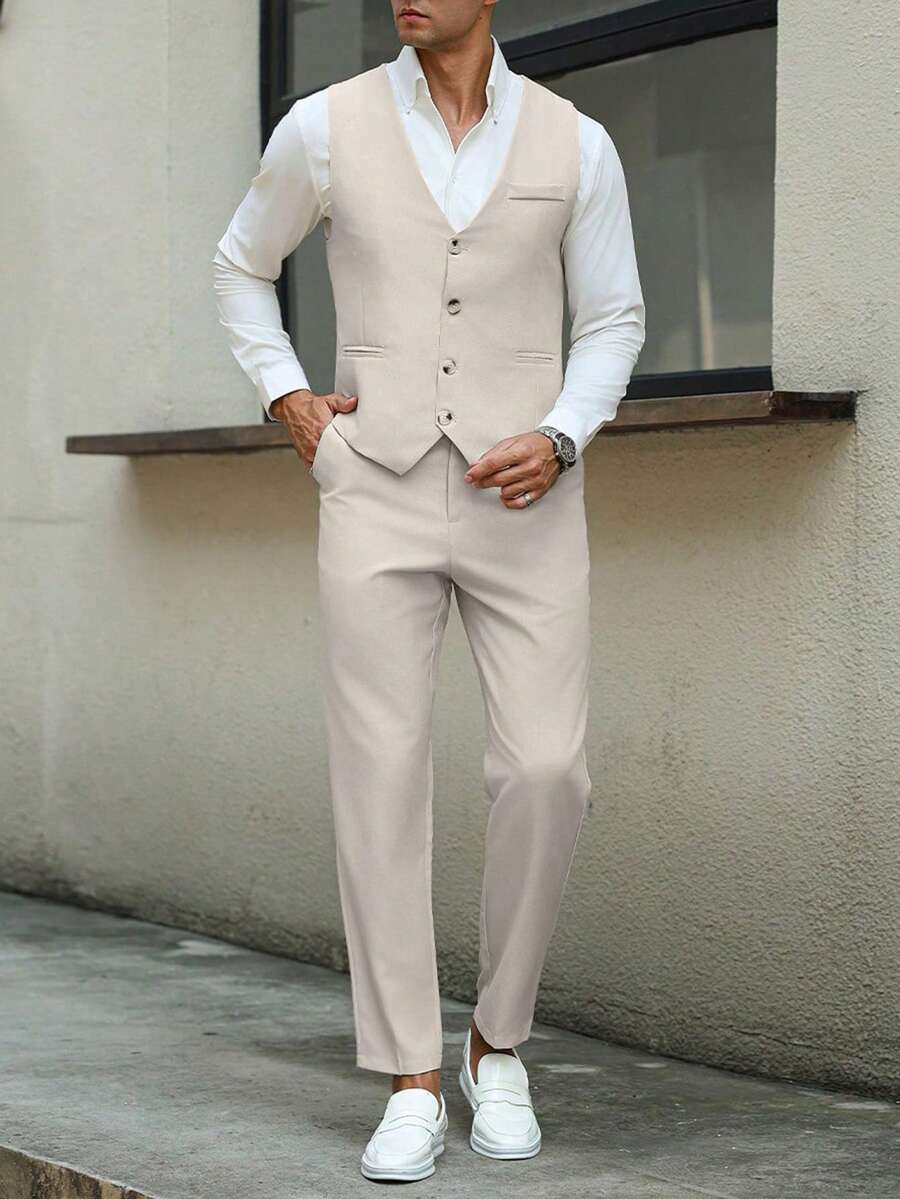 Mens Pant and Vest Set Woven Polyester V-Neck Sleeveless 2-Piece Formal – Galso