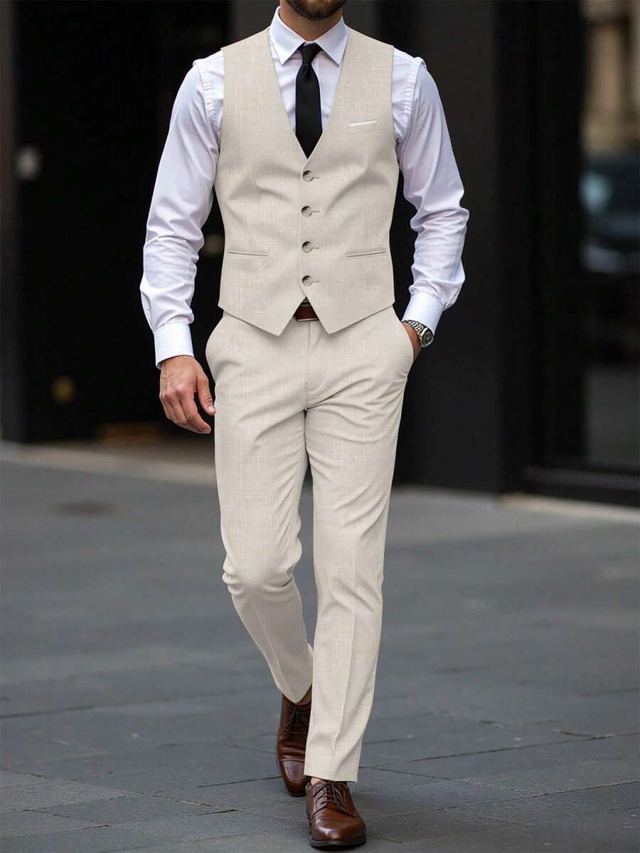 Mens Pant and Vest Set Woven Polyester V-Neck Sleeveless 2-Piece Formal – Galso
