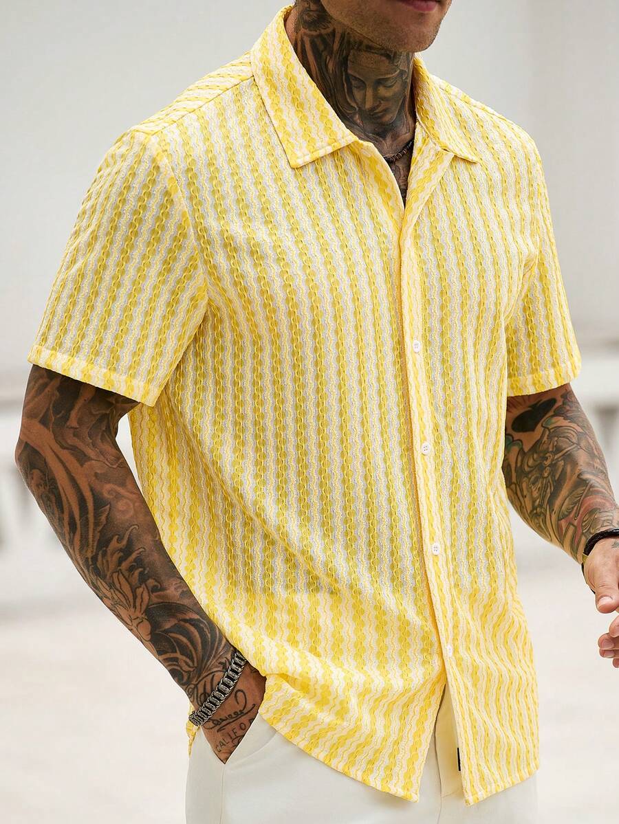 Mens Short Sleeve Crochet Knit Shirt Open Weave Casual Summer