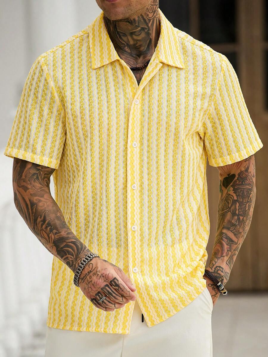 Mens Short Sleeve Crochet Knit Shirt Open Weave Casual Summer