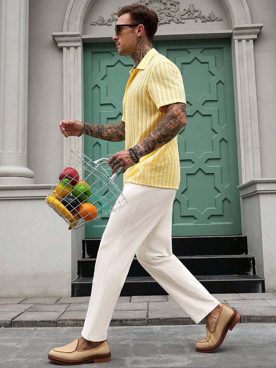 Mens Short Sleeve Crochet Knit Shirt Open Weave Casual Summer