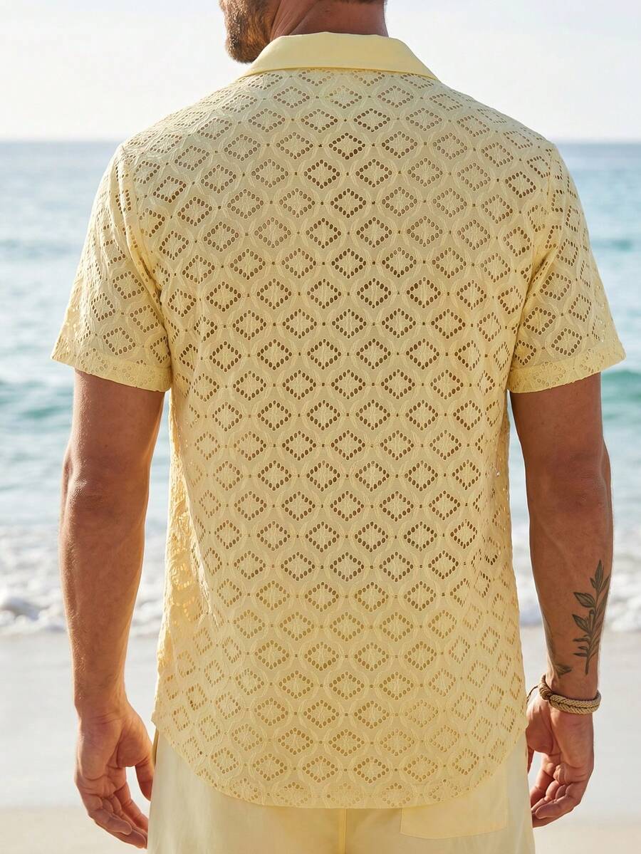 Mens Short Sleeve Crochet Knit Shirt Open Weave Casual Summer