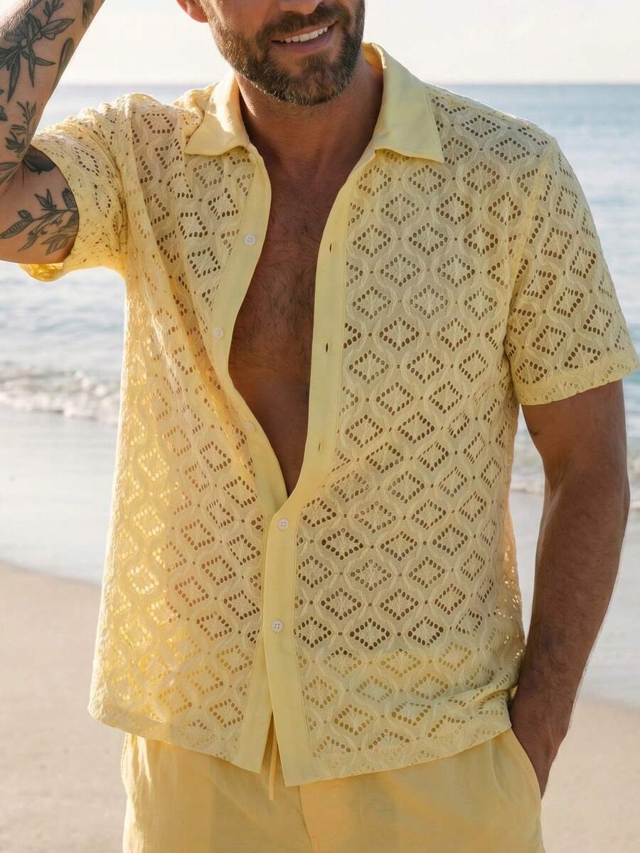 Mens Short Sleeve Crochet Knit Shirt Open Weave Casual Summer