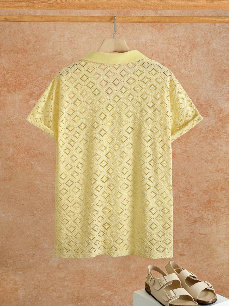 Mens Short Sleeve Crochet Knit Shirt Open Weave Casual Summer