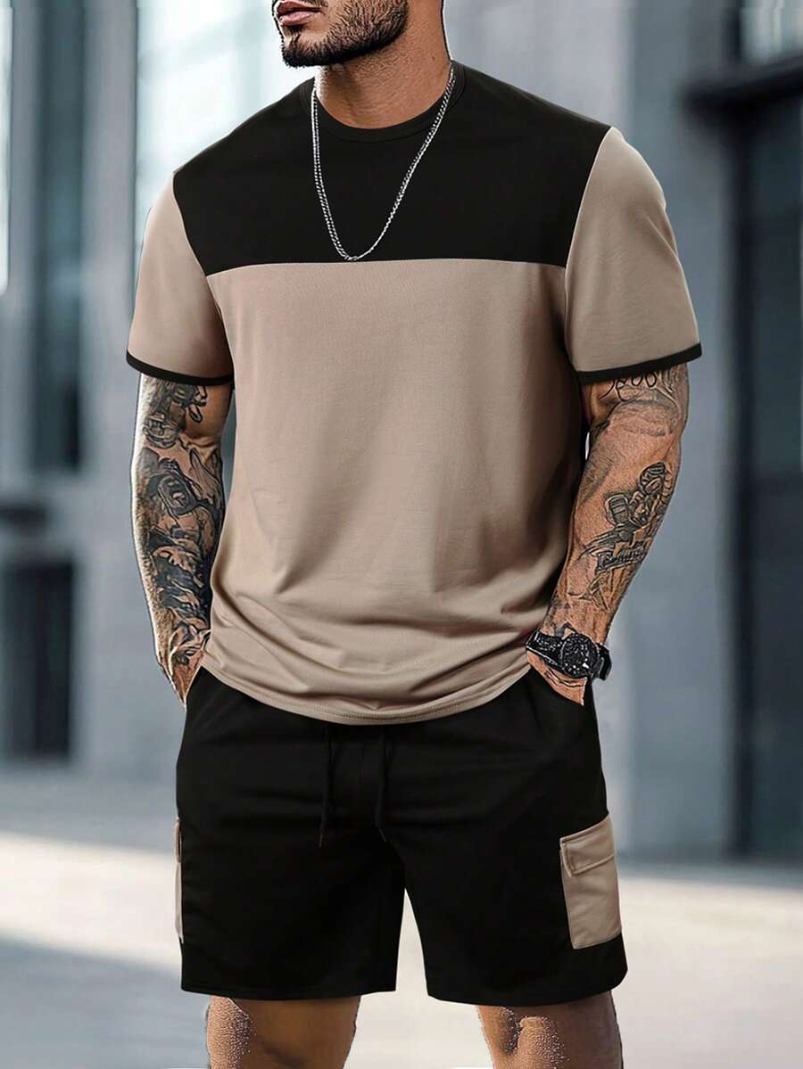 Mens T-Shirt and Shorts Set Color Block Crewneck Short Sleeve – Valco