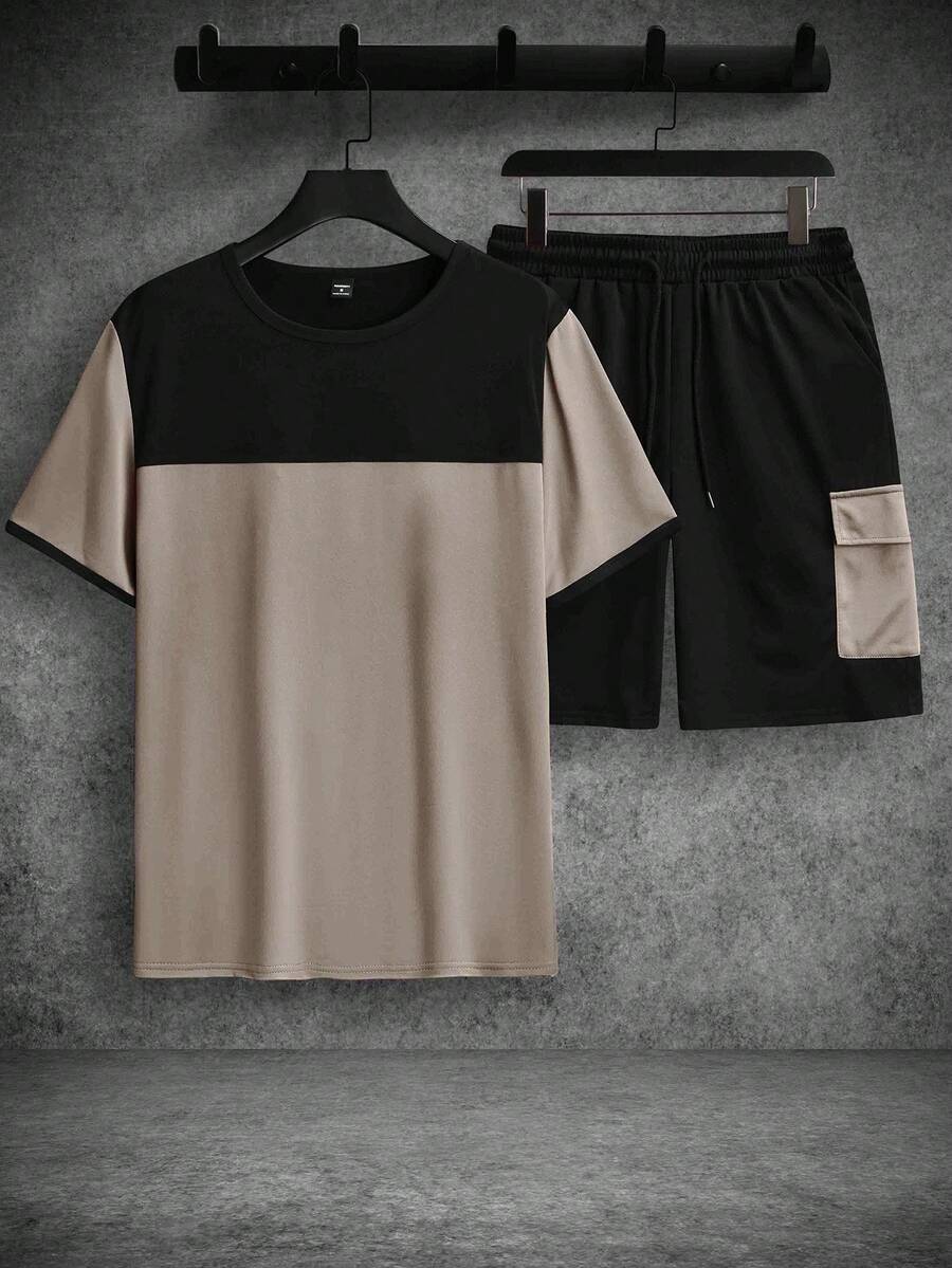 Mens T-Shirt and Shorts Set Color Block Crewneck Short Sleeve – Valco
