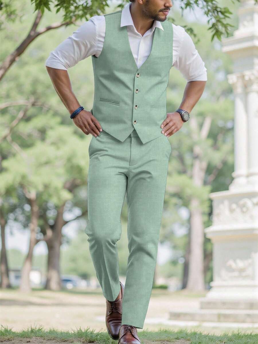 Mens Pant and Vest Set Woven Polyester V-Neck Sleeveless 2-Piece Formal – Galso