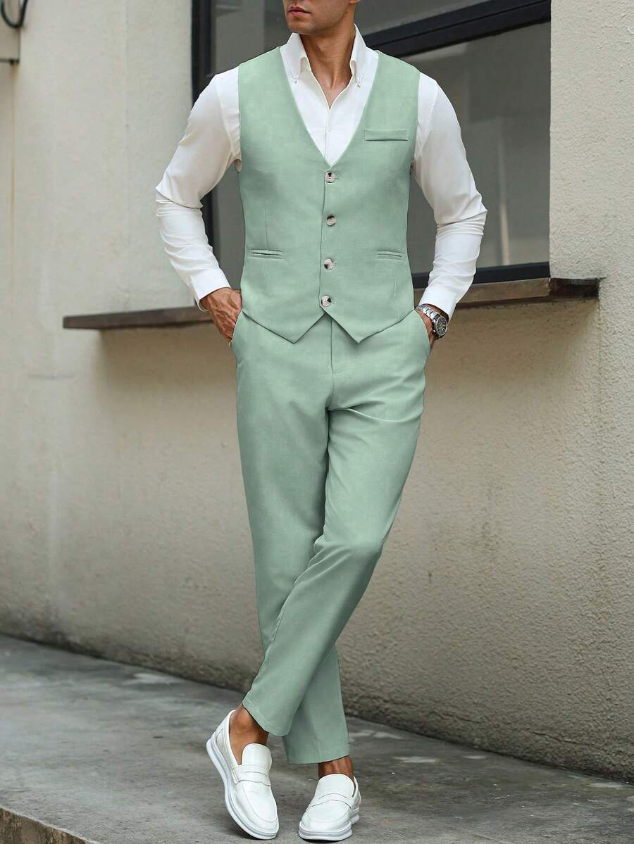 Mens Pant and Vest Set Woven Polyester V-Neck Sleeveless 2-Piece Formal – Galso