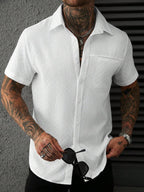 Mens Short Sleeve Shirt Solid Color Single-Breasted Casual – Vanto