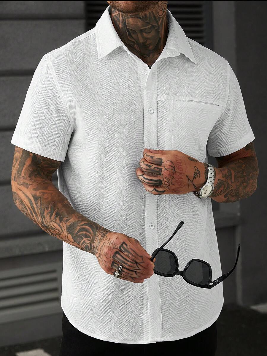 Mens Short Sleeve Shirt Solid Color Single-Breasted Casual – Vanto