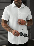 Mens Short Sleeve Shirt Solid Color Single-Breasted Casual – Vanto