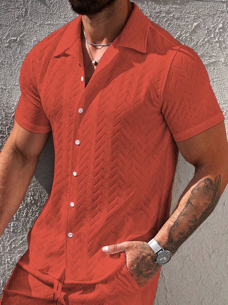 Mens Short Sleeve Shirt Solid Color Single-Breasted Casual – Vanto