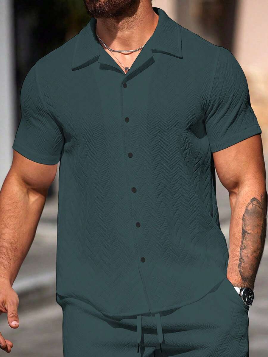 Mens Short Sleeve Shirt Solid Color Single-Breasted Casual – Vanto
