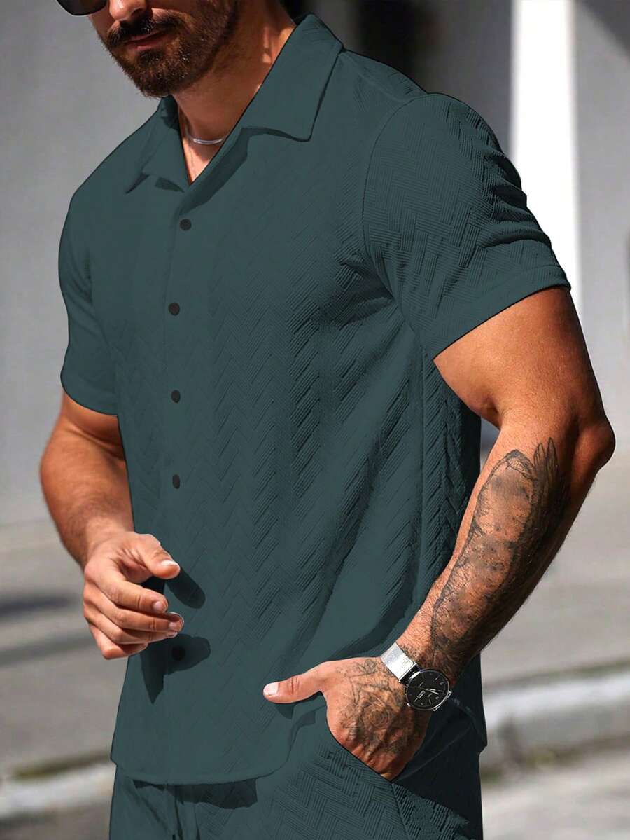 Mens Short Sleeve Shirt Solid Color Single-Breasted Casual – Vanto