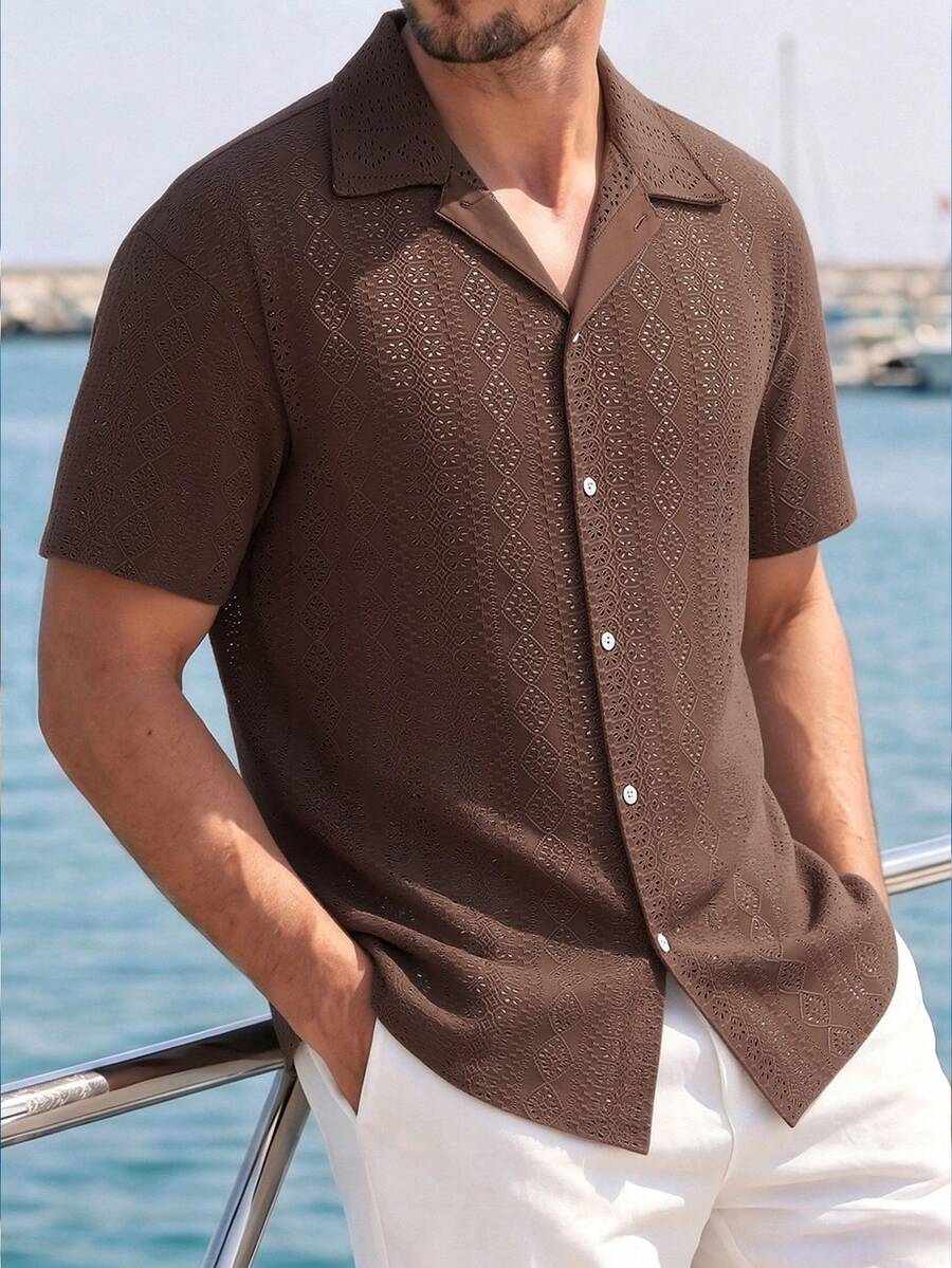 Mens Short Sleeve Crochet Shirt Jacquard Stripe Loose Fit – Darco
