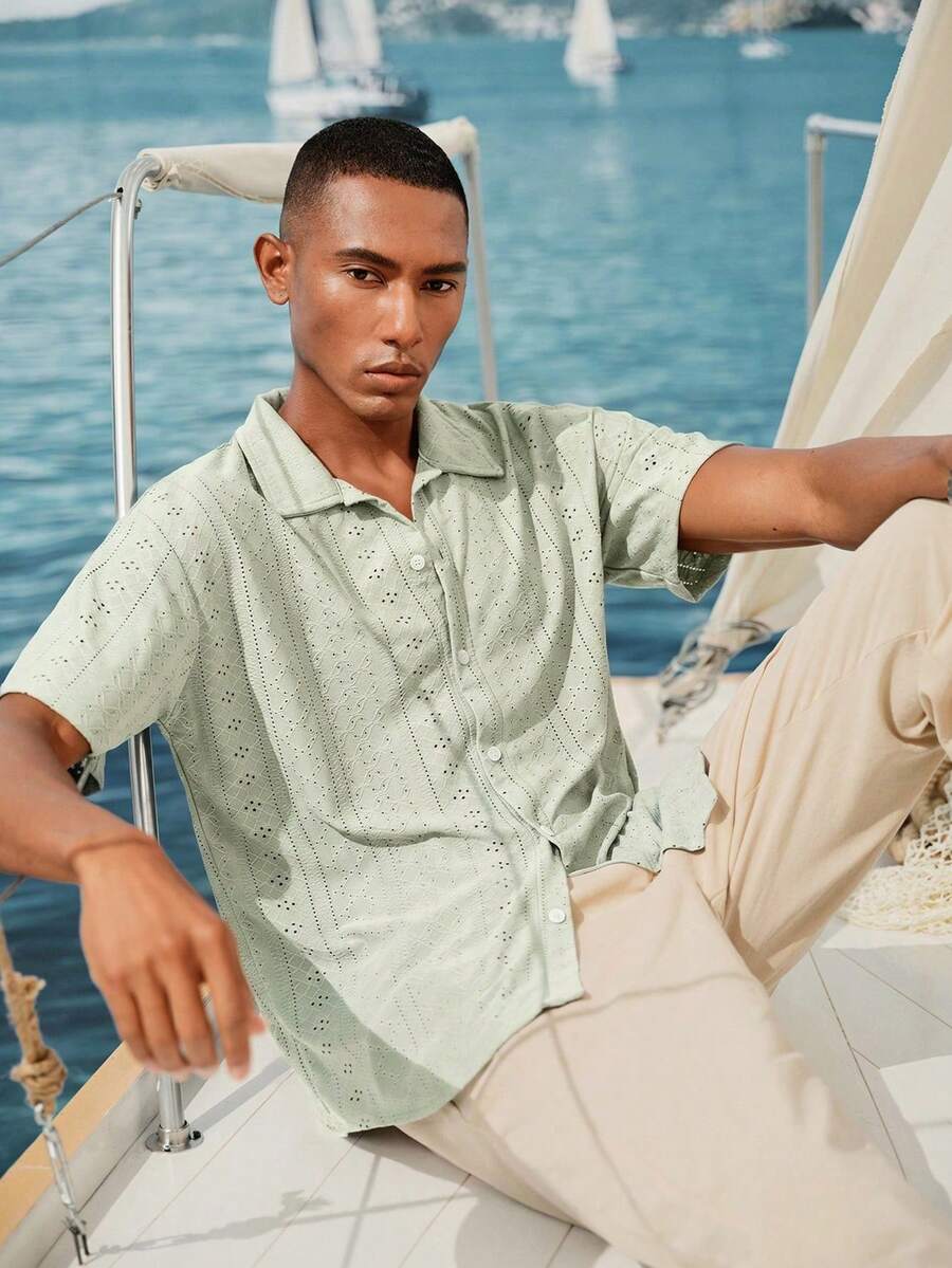 Mens Short Sleeve Crochet Shirt Jacquard Stripe Loose Fit – Darco