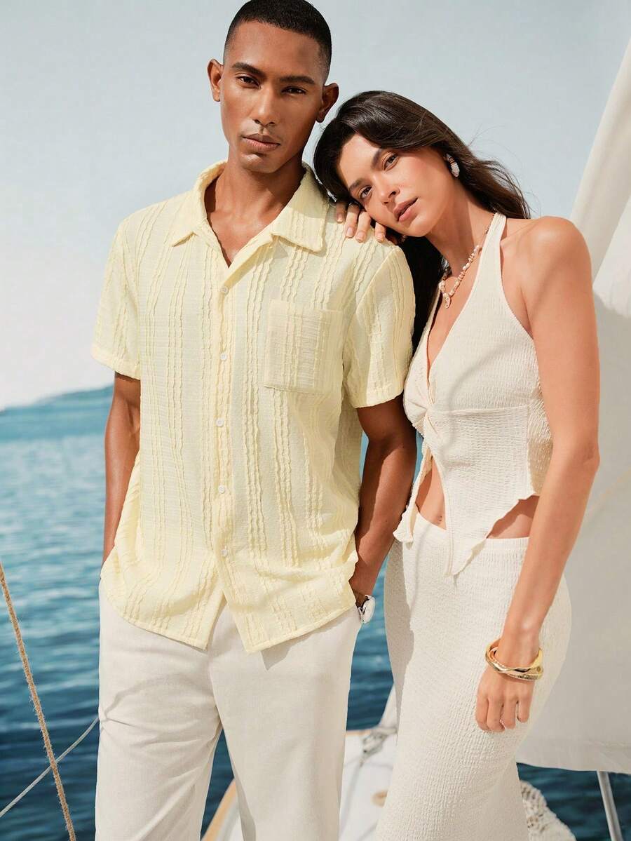 Mens Short Sleeve Crochet Knit Shirt Open Weave Casual Summer