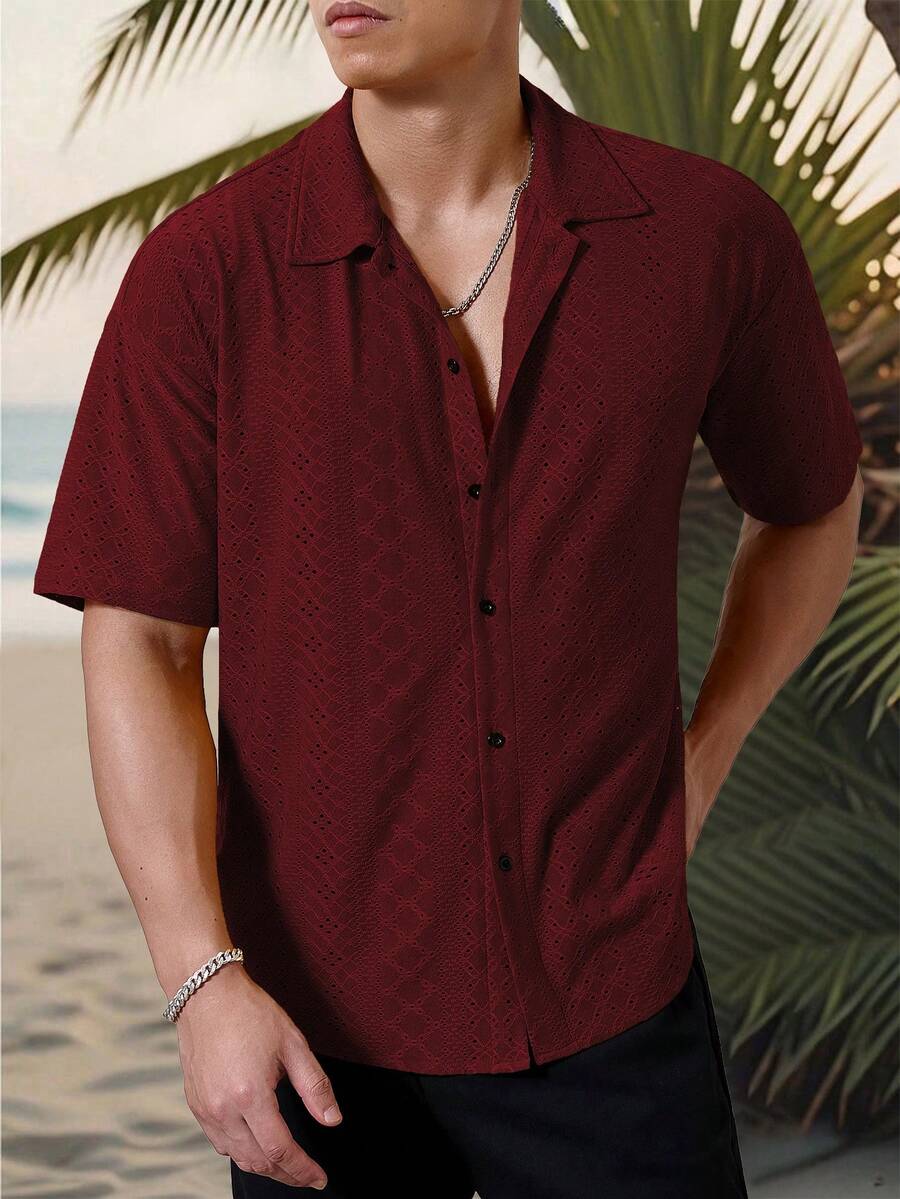 Mens Short Sleeve Crochet Shirt Jacquard Stripe Loose Fit – Darco