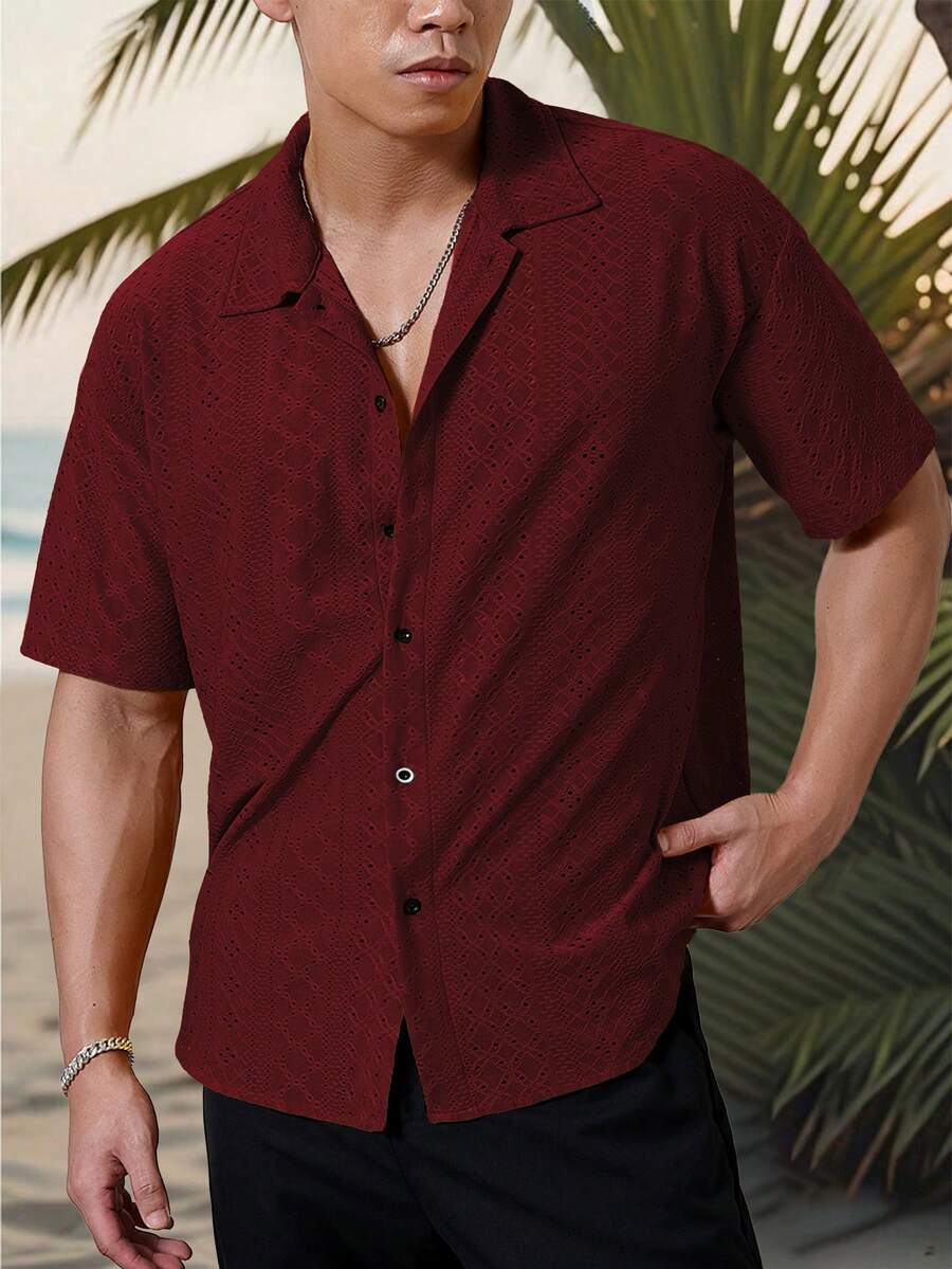 Mens Short Sleeve Crochet Shirt Jacquard Stripe Loose Fit – Darco